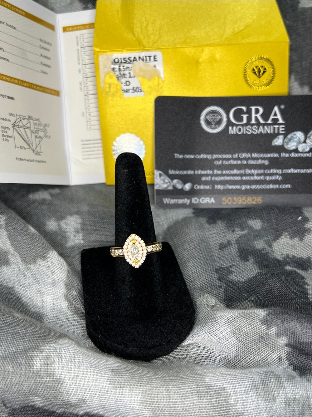 GRA Moissanite Marquise Halo Ring in 18k Gold over Sterling Silver 925